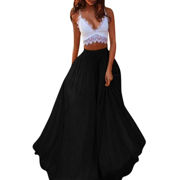 

women midi skirt fashion spring summer casual solid color long midi skirt chiffon casual party skirt d.27, Black