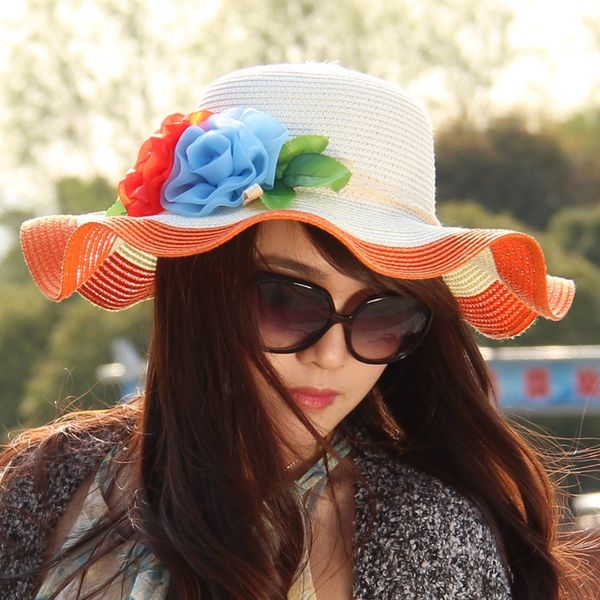 

new style women's big beach straw wooden straw hat ear big wave sun hat special price, Blue;gray
