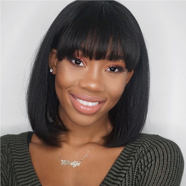 

4x4 silk lace closure wig with bangs preplucked long straight peruvian remy human hair wig with fringe bangs for women 150%, Black;brown