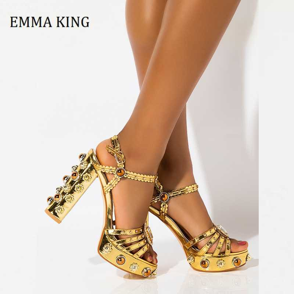 

summer women chunky heeled platform sandals crystal buckle gladiator female shoes diamond wrapped brand design bridal sandalias, Black