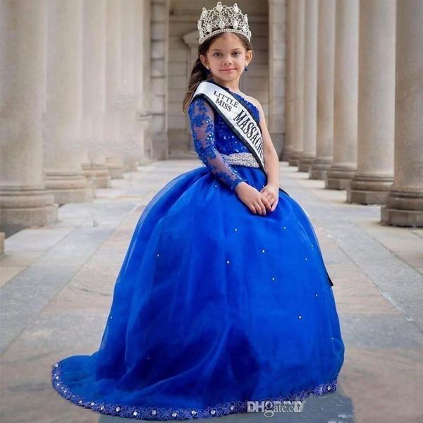 

royal blue girls pageant dresses long sleeves one shoulder princess sash ruffle beaded appliques formal girl dresses kids party gowns, White;blue
