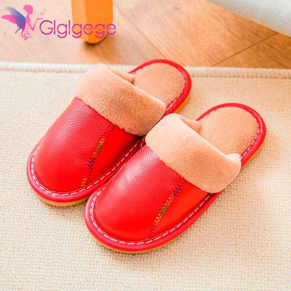 

glglgege new style children' non-slip warm leather slippers for winter 3 size and indoor flower shoes, Black;grey