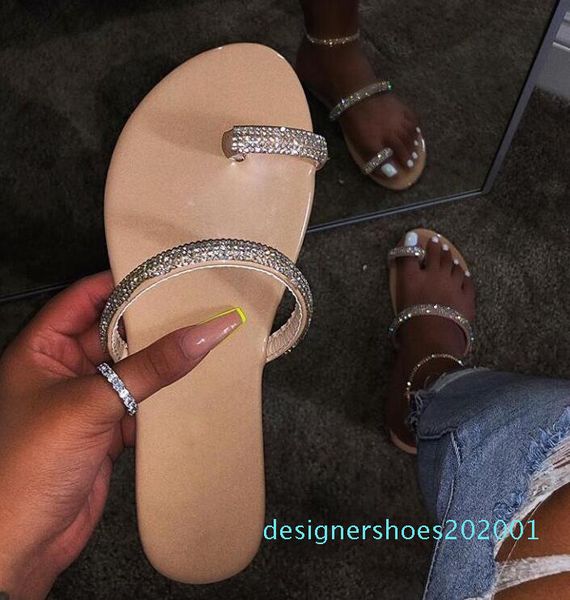 

new rhinestone bright diamond slippers 2019 women shoes diamond flat sandals outdoor beach shoes wild single finger flip flop cn08, Black