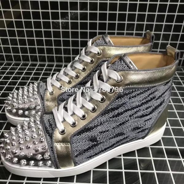 

high red bottom silver gray cloth leather sports shoes men casual flat loafers rivets toecap runway sneakers couple models, Black