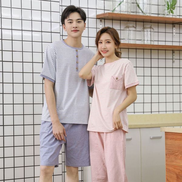 

short-sleeved couple new men's and women's round collar home wear pajamas pajamas suit comfortable and breathable, Blue;red