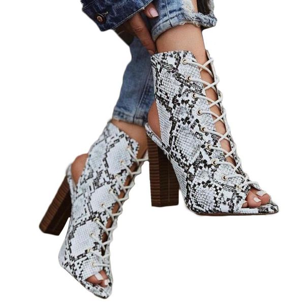 

sagace women sandals summer fashion high-heeled shoes sandals snake pattern retro print lace-up square heel females shoes, Black