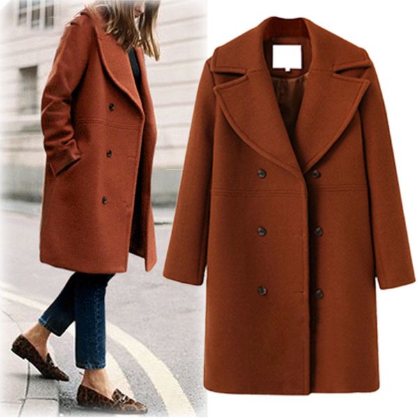 

autumn winter coat women 2020 casual vintage double breasted wool long coat elegant long sleeve warm thick casaco feminino, Black