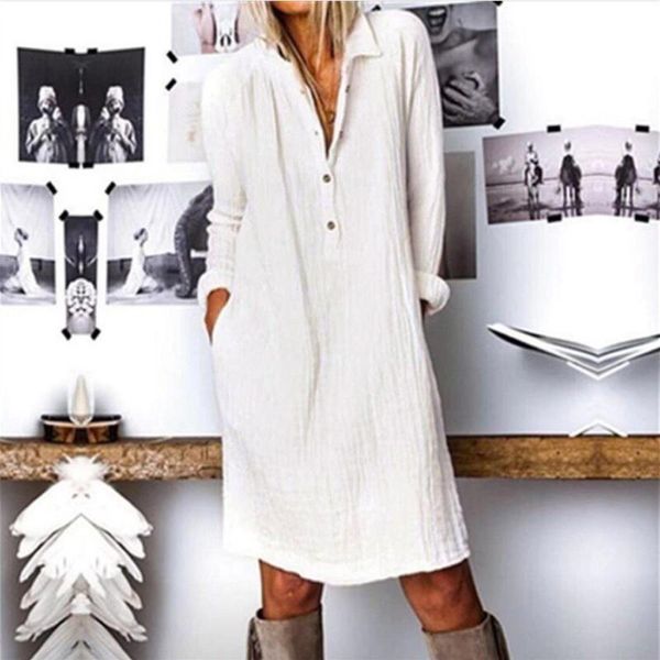 

women long sleeve dress retro button cotton and linen dress casual white bohemian elegant female party dresses, Black;gray