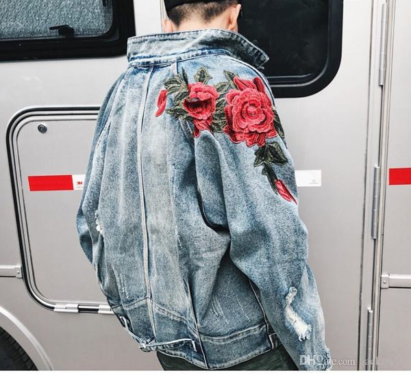 

high street jeans jacket for men women new 3d rose flower embroidery vintage frayed hole kanye west london bomber outwear coats jackets, Black;brown