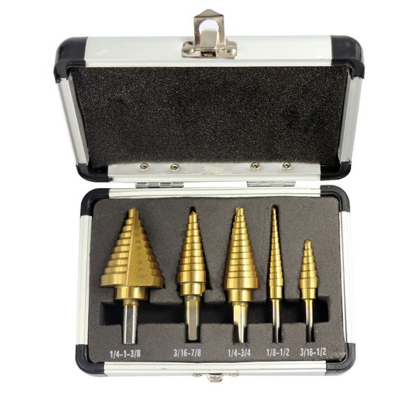 

5шт hss titanium straight флейта шага сверло набор пагода форма отверстие резец в алюминиевом корпусе основного сверла