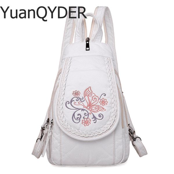 

embroidery flower women backpack 3-in-1 soft pu leather backpacks for girls large capacity shoulder bag chest pack white mochila