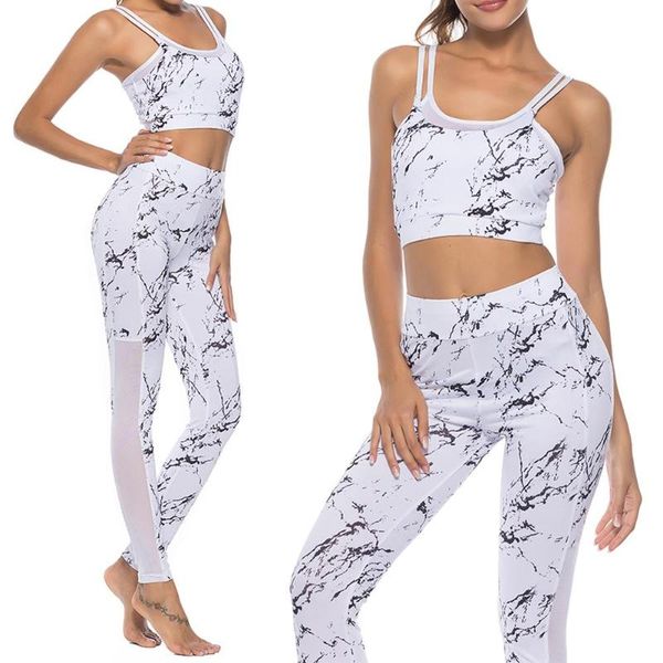 

yoga outfits marble pattern sport suit women set white sportswear vest+pants fitness gym clothing workout clothes for s3, White;red