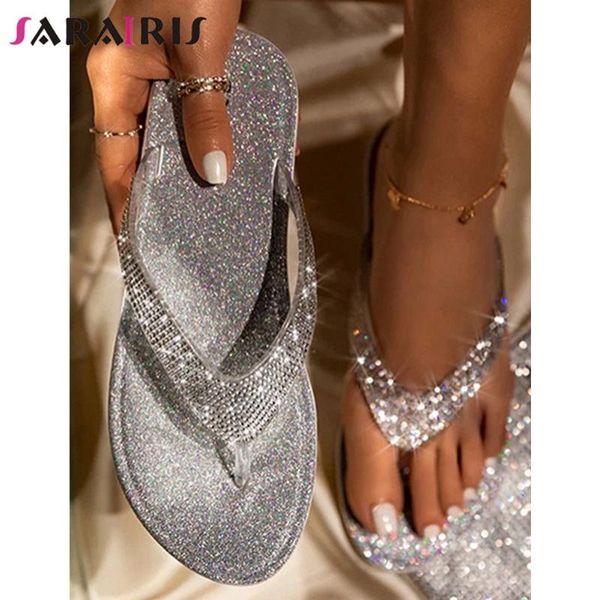 

slippers sarairis summer comfy low heel ins fashion shining rhinestone flops women casual beach flip shoes woman, Black
