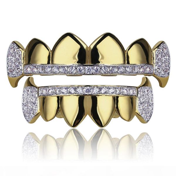 

women men teeth grillz 18k gold plated teeth grillz caps iced out & bottom vampire fangs dental grill set womens mens halloween gift, Black