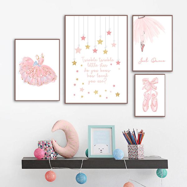 

pink dress canvas print nursery wall art nordic poster painting girl ballet poster cartoon wall pictures bedroom baby room decor