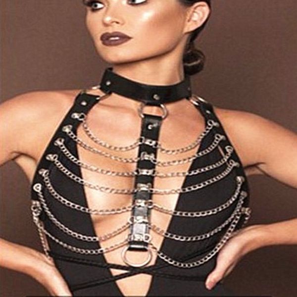 

colemje womens imitation leather punk gothic halter neck body chest harness chain tassel chest belt with lock costumes t200508, Silver