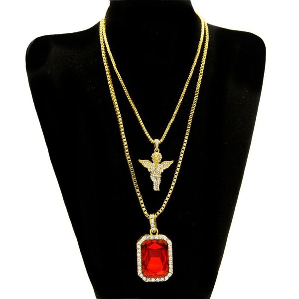 

Hip Hop Men Gold Plated Luxury Fashion Iced out Square Ruby with Angel Wings Double Layer pendant Necklace Set