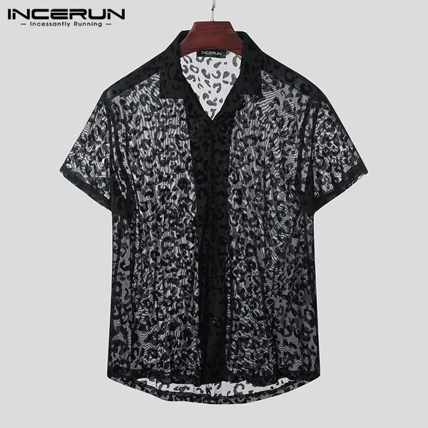 

men's casual shirts incerun men mesh shirt leopard print transparent short sleeve streetwear camisas 2021 lapel fashion party nightclub, White;black