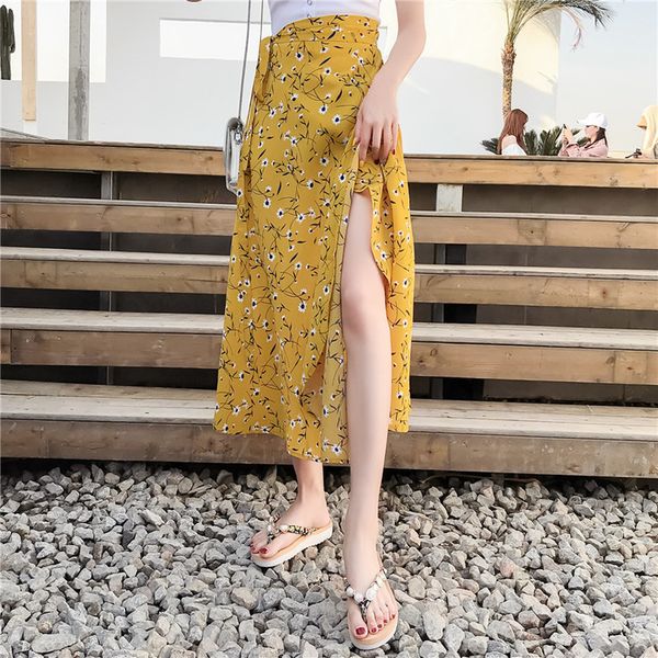 

in one chip skirts female summer long chiffon beach ins super fire flower wrap skirt with chic, Black