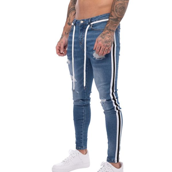 

men fashion side stripped jeans ripped jeans 2020 new men hole distressed patchwork denim pencil pants casual slim fit hot, Blue