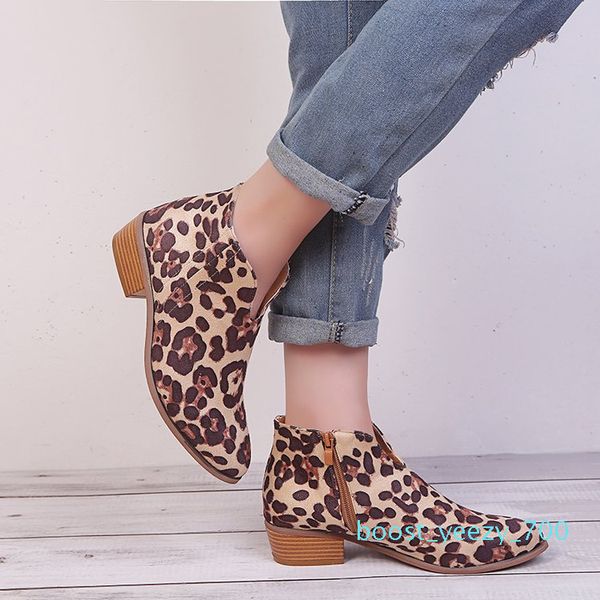 

2020 fashion cross-border new leopard large size thick wit female europe zipper with pointed and bare boot b70, Black
