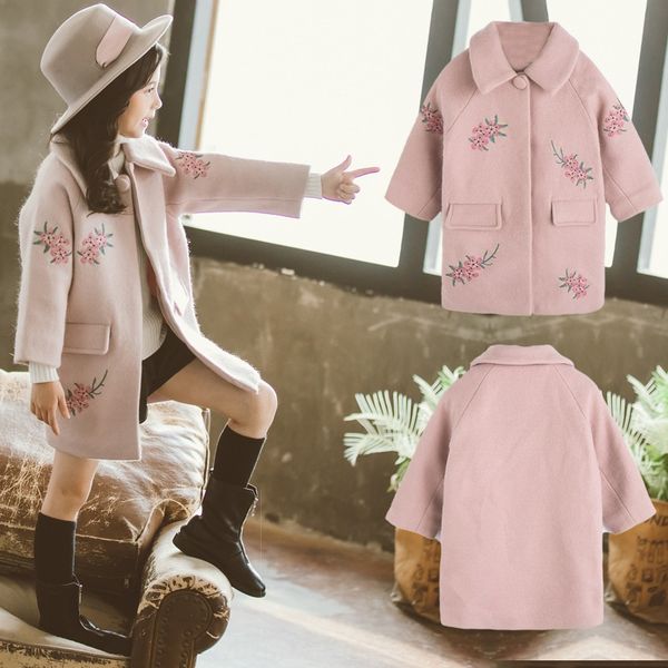 

2019 new sweet coat girls middle and large embroidered woolen children's clothing coat children's clothing, Blue;gray