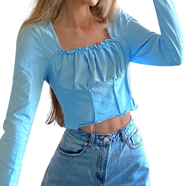 

women's blouses & shirts summer crop solid color square collar and long sleeve women casual streetwear, White