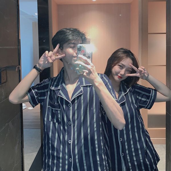 

pw5dt летние хлопка пару пижам горе летние полосатые хлопковые мужские и короткими рукавами кардиган отворотом дома пижамы женские pajamaswe, Black;brown