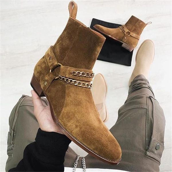 

2020 fashion men shoes pu leather boots metal chain round head soft outdoor warm casual boots men comfortable botas hombre, Black