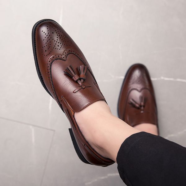 

big size 38-48 men brogue british oxford dress shoes male gentleman pu leather footwear flats tassel men loafers, Black