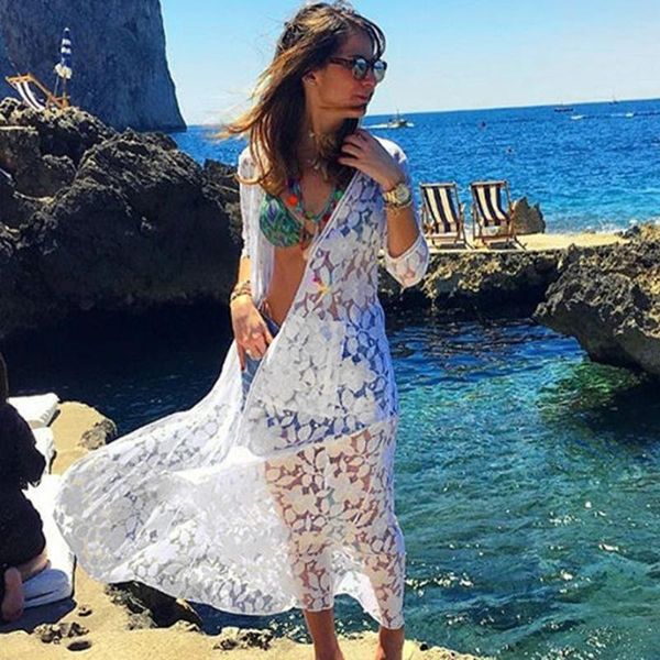 

summer women fashion solid color lace long cover up bathing suit bikini swimwear beach dress smock kimono cardigan shawl#g4, White;black