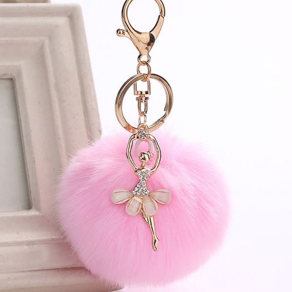 

cute rhinestone little angel car keychain female bag pendant plush rex rabbit hair ball key chain imitation hair keychain, Silver