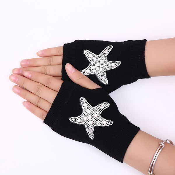 

sparkling knitted black wool half finger computer mitts warm rose printed lady rhinestone fingerless gloves women men, Silver