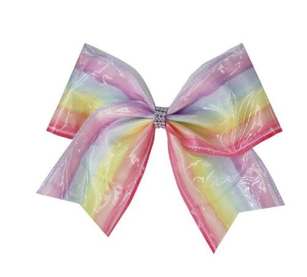 

7" waterproof rainbow cheer bows hair bows elastic band glitter knot pool/swim hairpins for girls kids headwear, Slivery;white