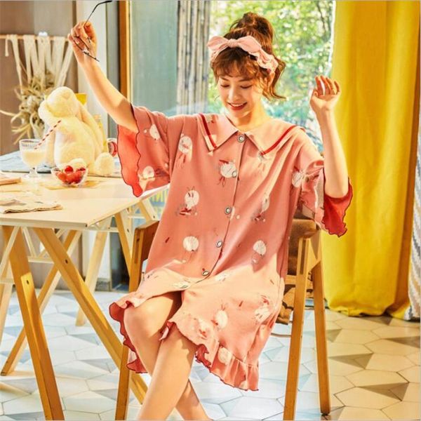 

nightdress summer cotton student cute cartoon thin home nightgown, Black;red