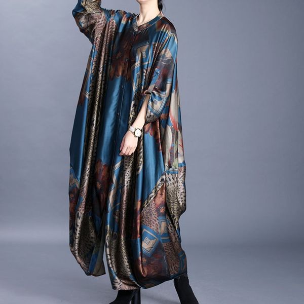 

2g66d 2020 spring national style artistic ethnic group women's clothing semi-open collar irregular printed silk cardigan 2020 spring na, Tan;black