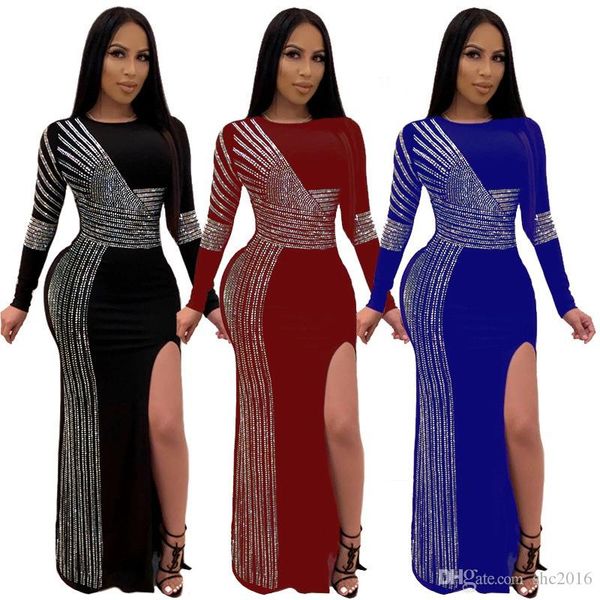 

new crew neck split dress europe and the united states women's wind rhinestone clothing printed long stripes solid color club dres, Black;gray