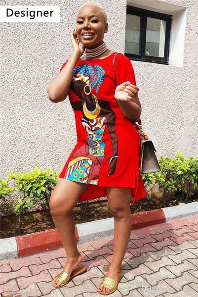 

slip african girl print dress multicolor optional womens casual set head round neck tshirt, Black;gray
