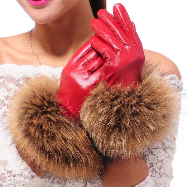 

big fox fur raccoon fur genuine leather women' winter plush thickened warm warm and gloves driving touch screen gloves, Blue;gray