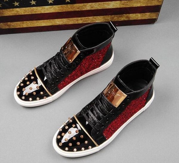 

newfashion men high british style rrivet shoes men causal luxury shoes red gold black bottom rubber shoes for male