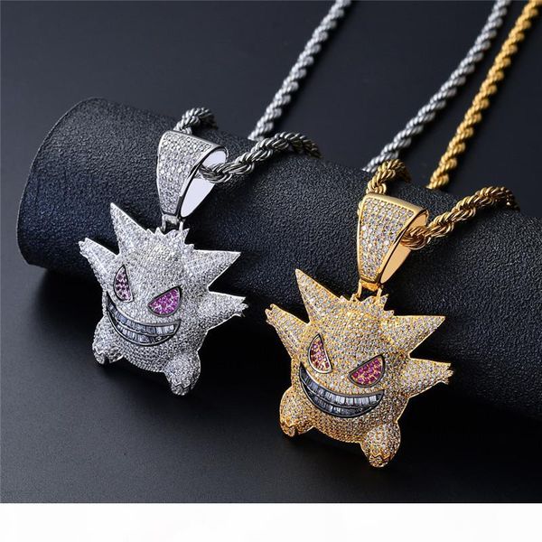 

iced out full cubic zircon gengar pendant necklace creative hip hop bling designer jewelry with 24 inch chain for men gift, Silver