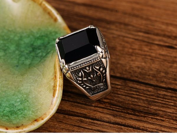 

925 sterling silver jewelry, faux black agate flame ring for men