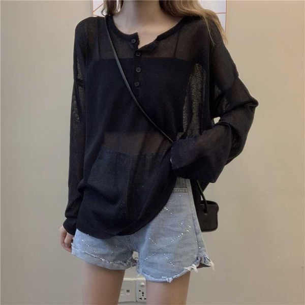 

women knitted long sleeve pullover korean woman sweaters loose thin sunscreen shirt see-through spring summer 2020, White;black
