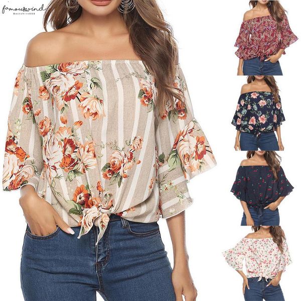 

2020 blouse women summer off shoulder womens casual print tees tie cute loose blouse blusas mujer, White