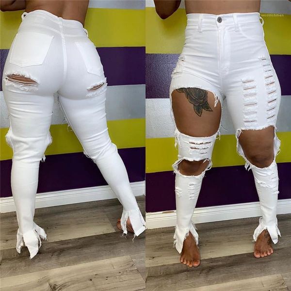 

distrressed split pencil pants new women summer jeans fashion women ripped hole jeans street style white color, Blue