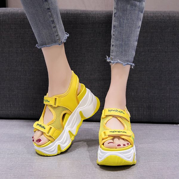 

candy colors casual platform wedge sandals women outdoor yellow mesh sport sandals summer sweet flower beach shoes 2020 cs02, Black