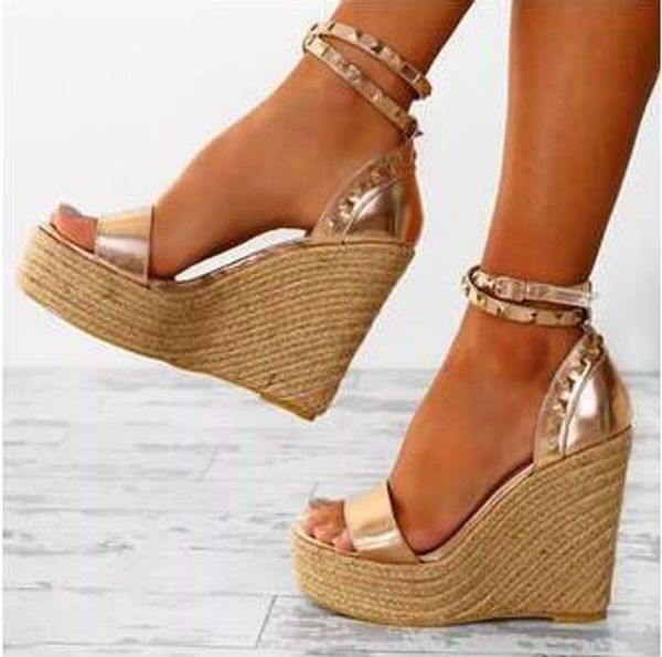

glod pu leather wedges ankle strap sandals lady peep toe buckle strap casual sandals women cover heels party shoes with rivets, Black