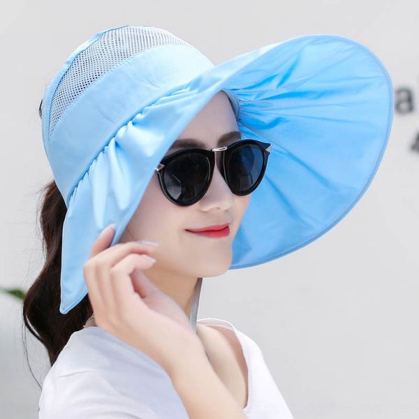 

female summer big edge korean-style sunscreen sunscreen uv-proof sun hat outdoor foldable empty beach hat, Blue;gray