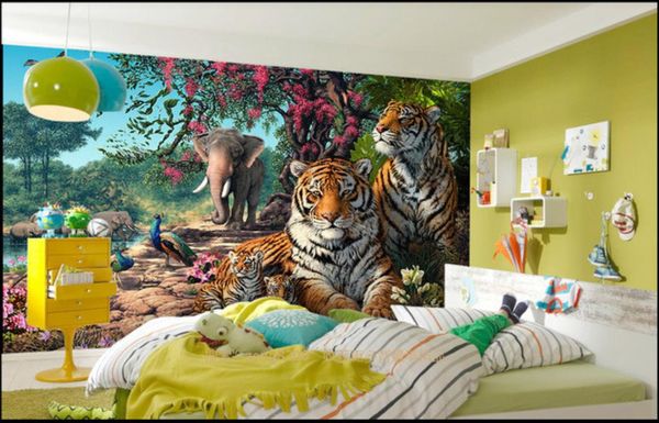 wallpapers Foto feita sob encomenda para paredes 3d mural animal dos desenhos animados tigre elefante óleo floresta pintura crianças sala de murais papéis de parede de fundo TV