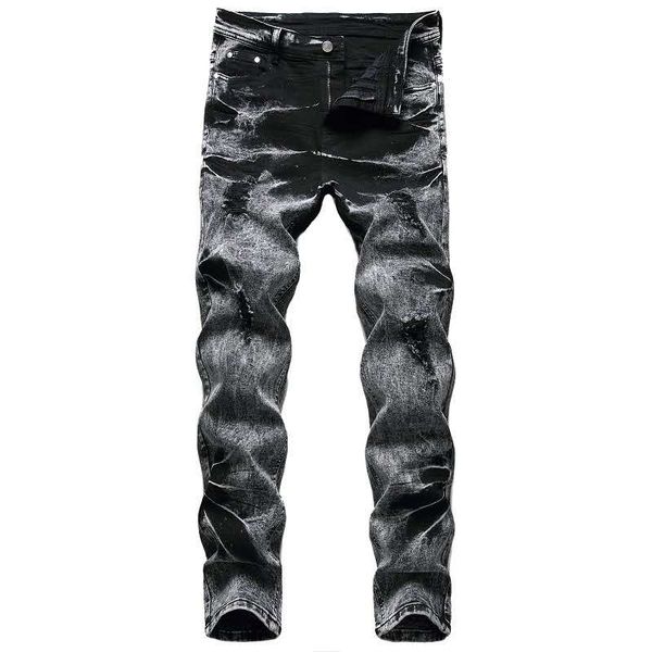 

new fashion locomotive jeans men's self-cultivation nostalgic stretch holes folds personalized pants retro casual straight designer jea, Blue